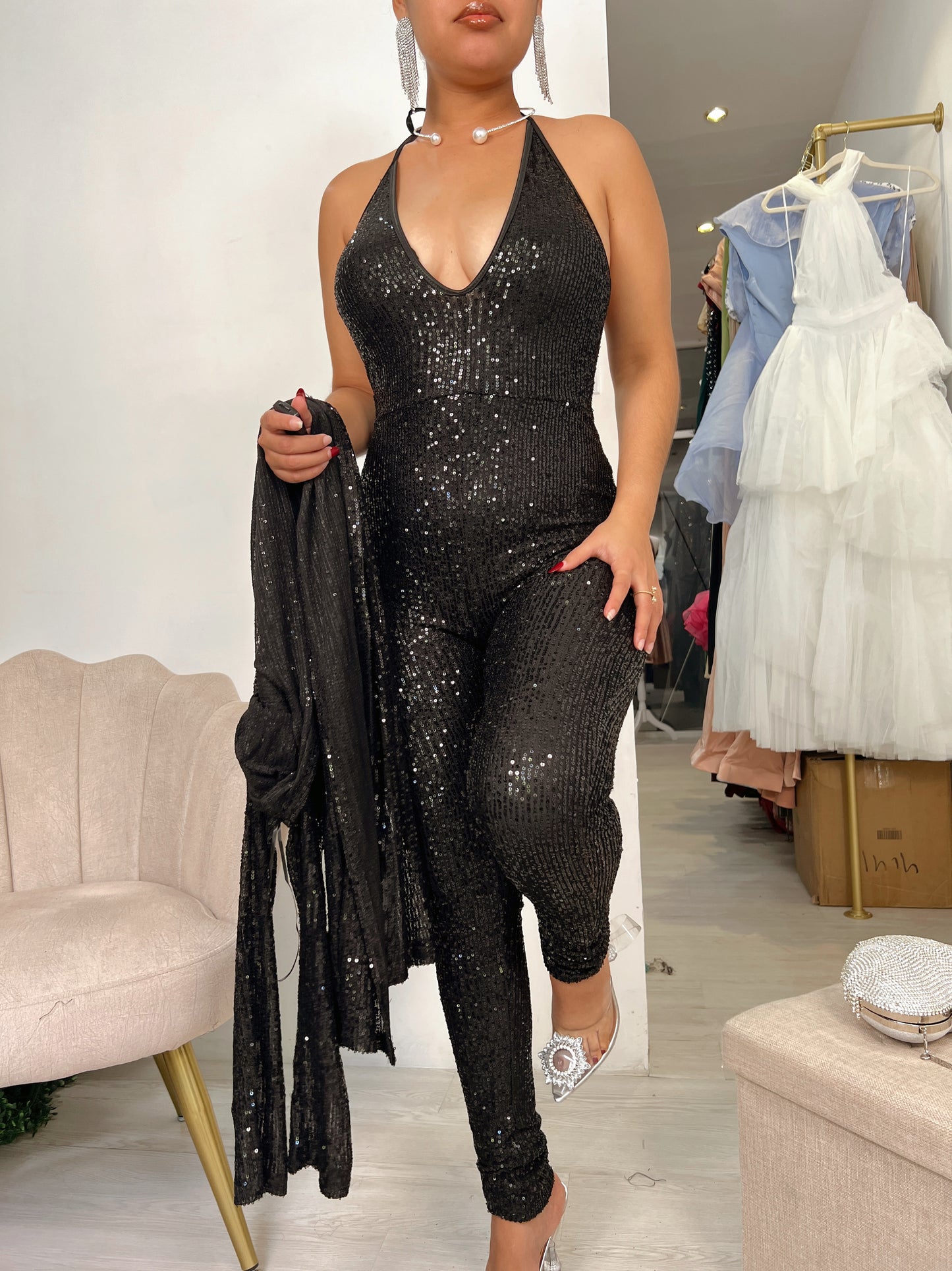 Black Sequins Jumpsuit & Cardigan
