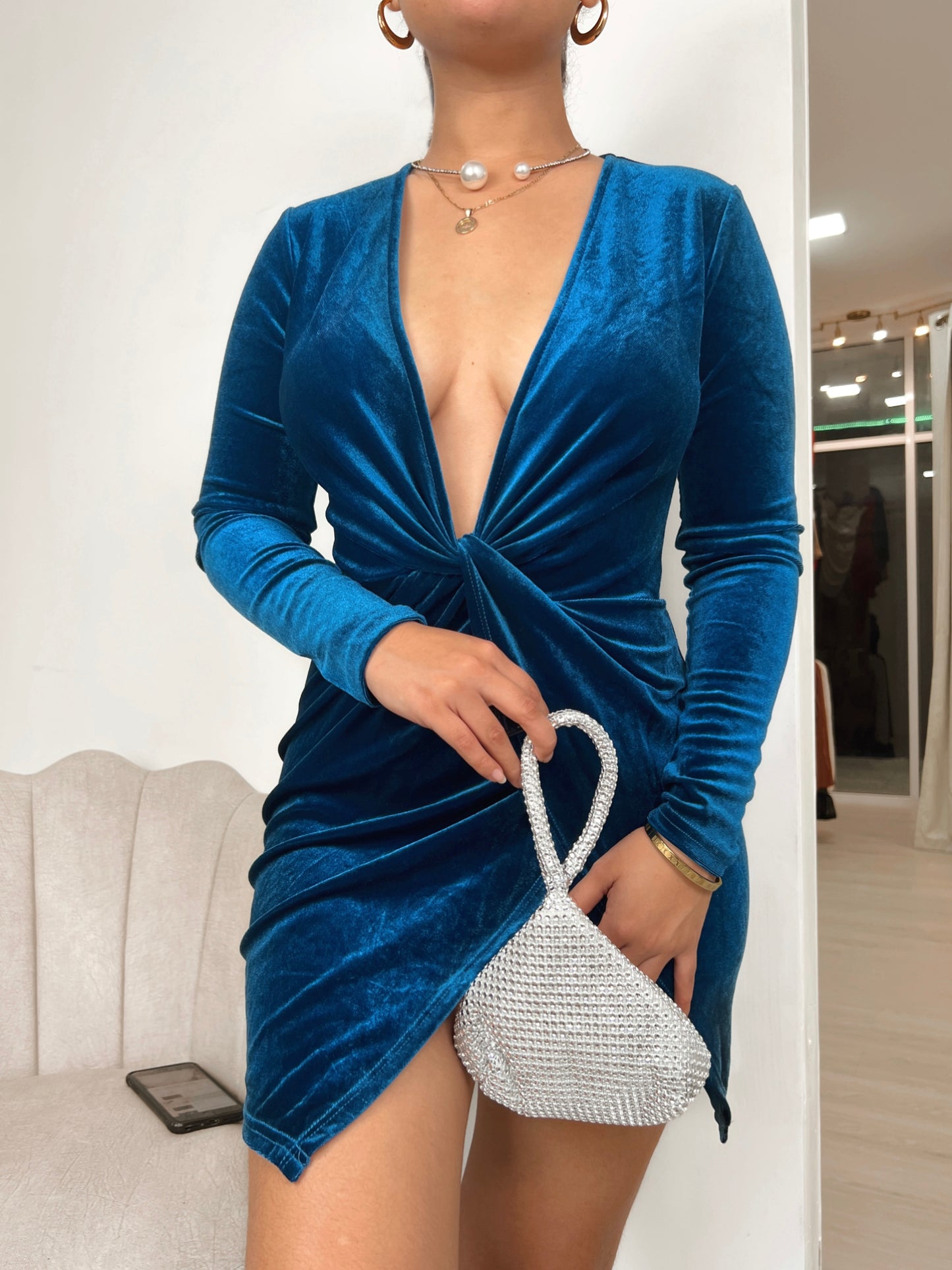 Blue Velvet Twist High Split Dress