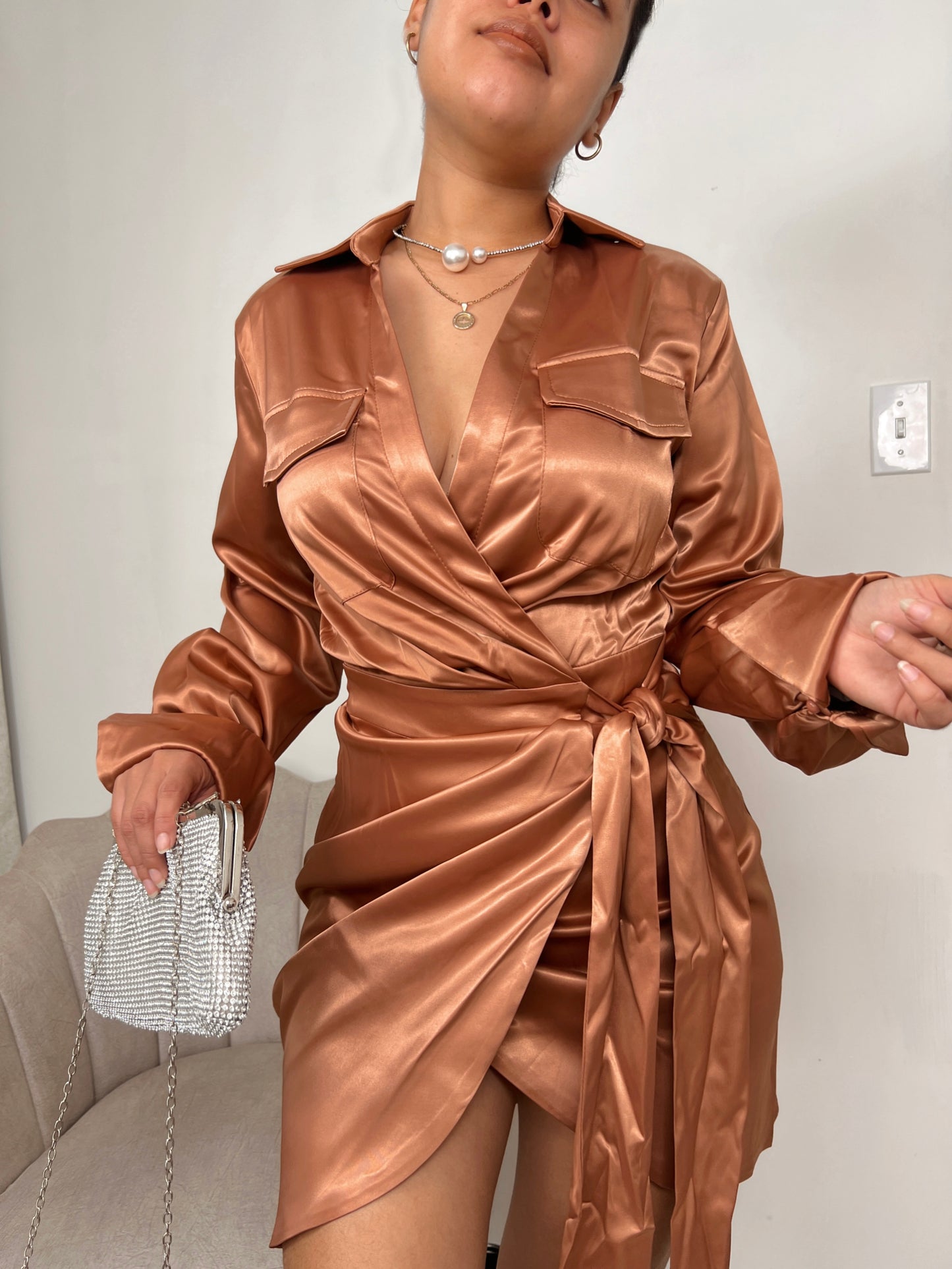Bronze Satin Belted Wrap Dress