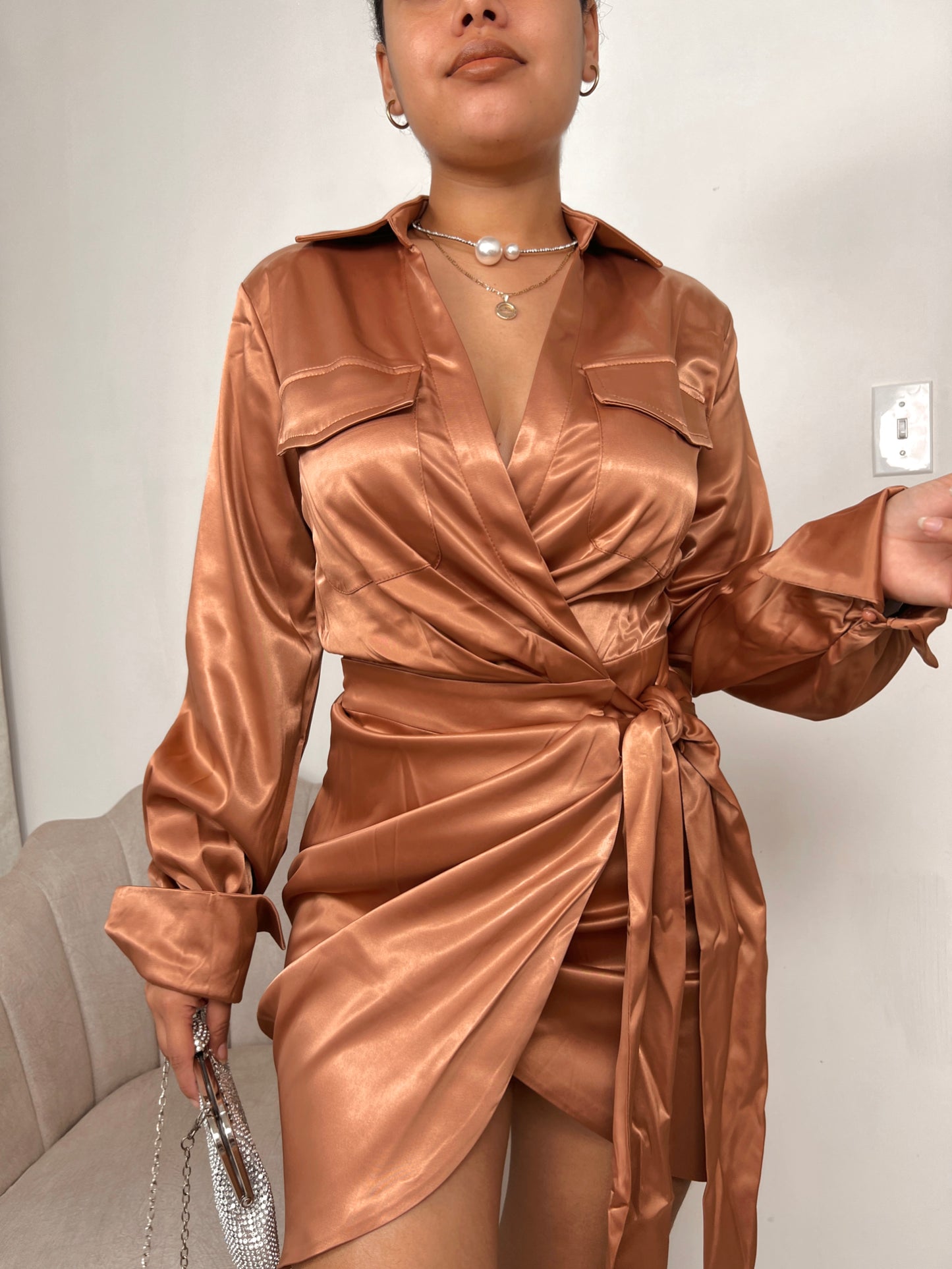 Bronze Satin Belted Wrap Dress