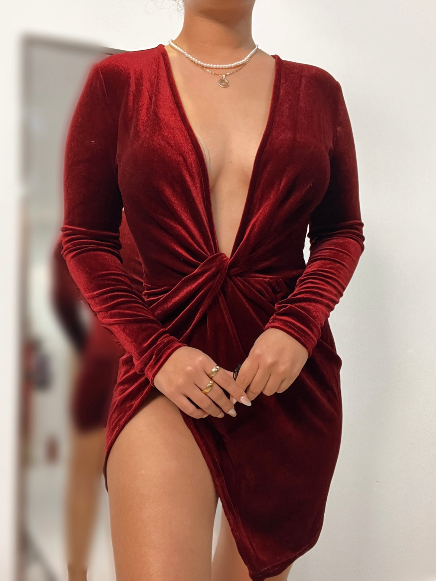 Burg Velvet Twist High Split Dress