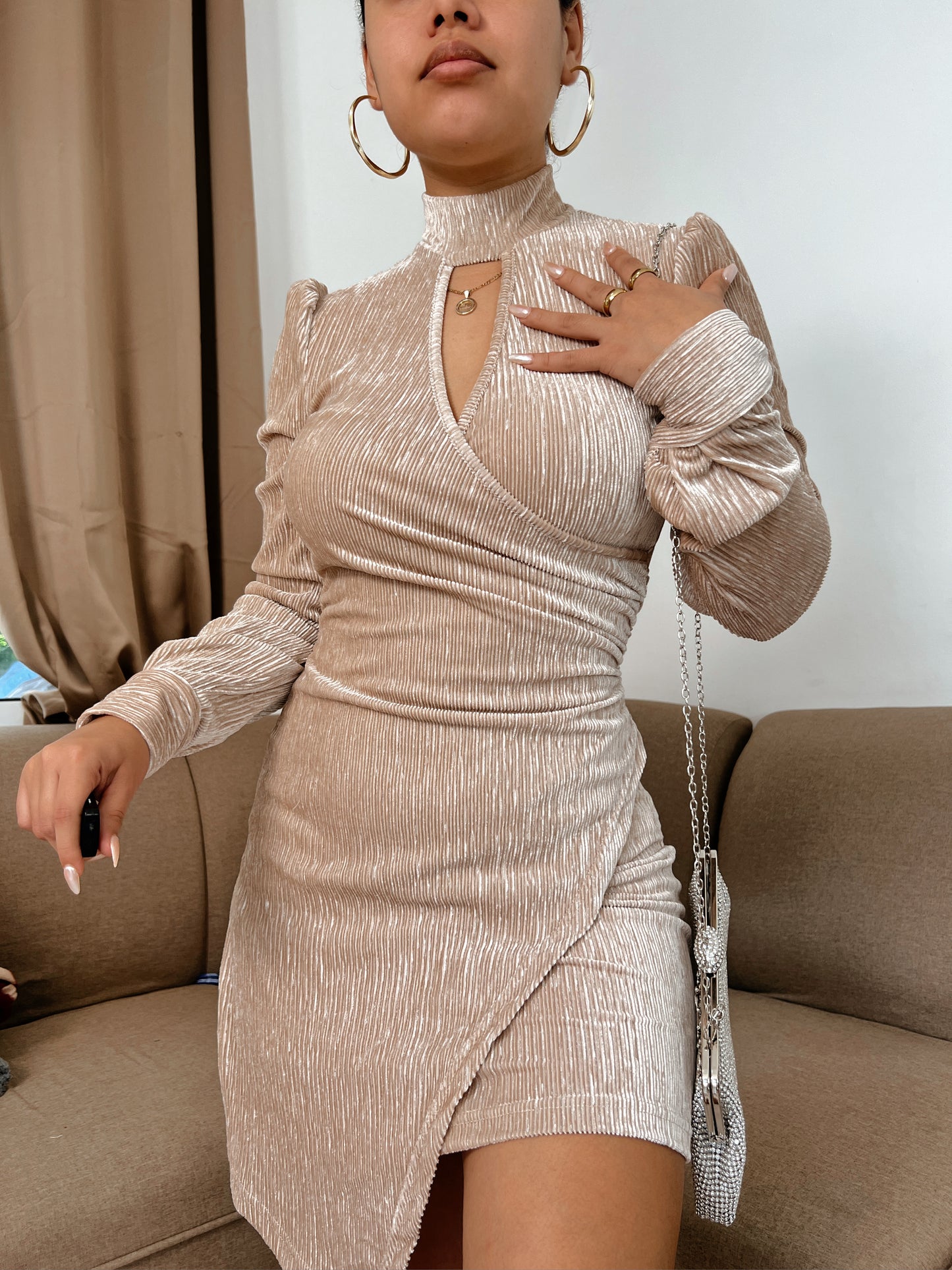 Khaki Velvet Textured Dress