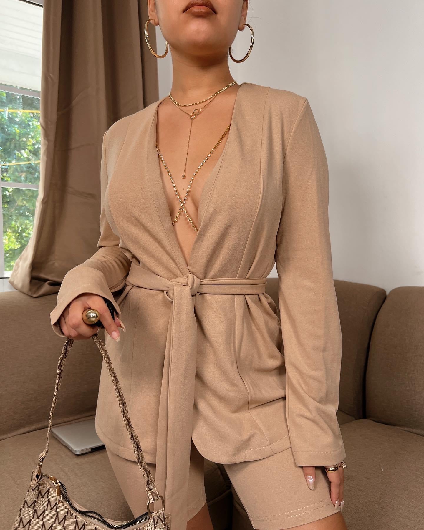 Camel Blazer & Biker Shorts Set