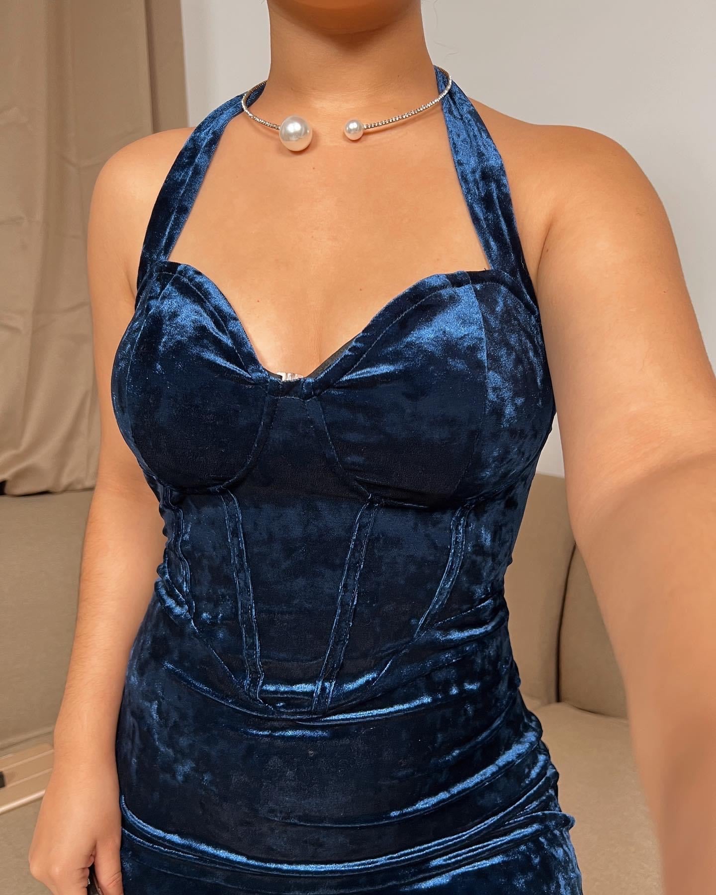 Navy Velvet Bustier Halter Dress
