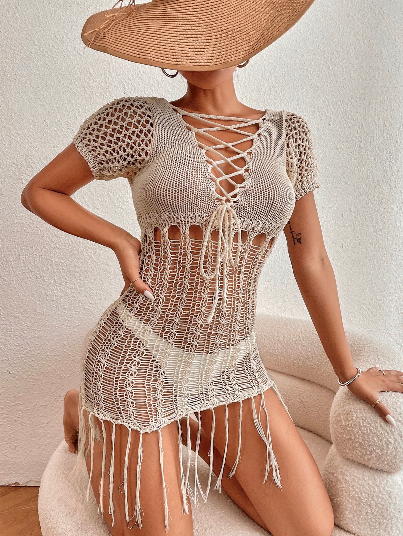 Cream Crotchet Frill Coverup