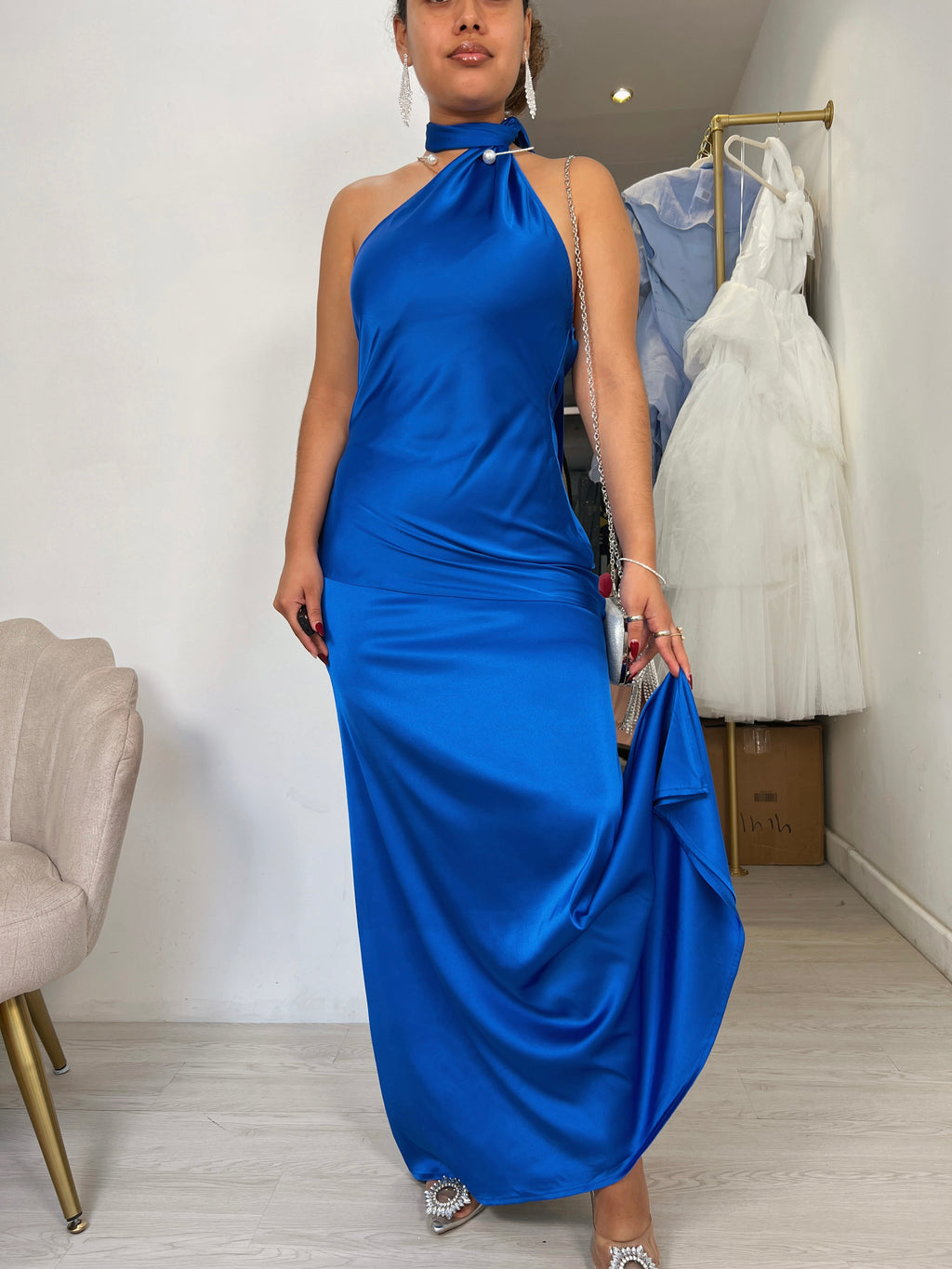 Royal Satin Halter Scarf Maxi Dress