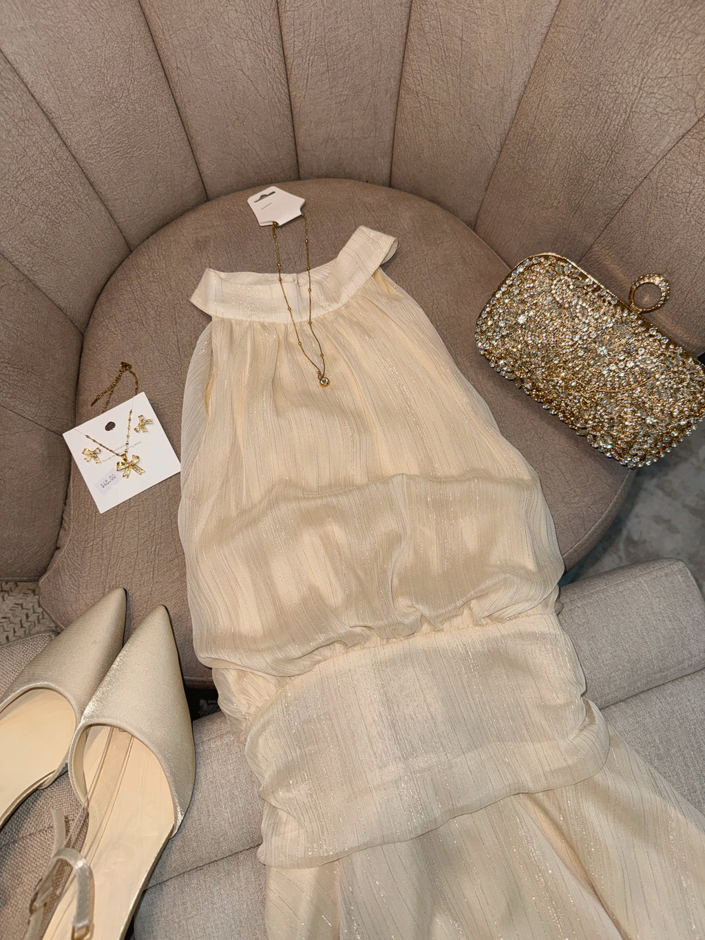 Cream metallic Halter Mini Dress