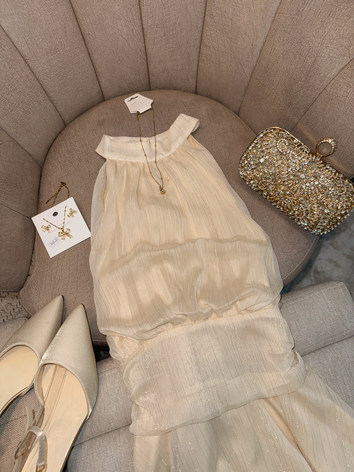 Cream metallic Halter Mini Dress