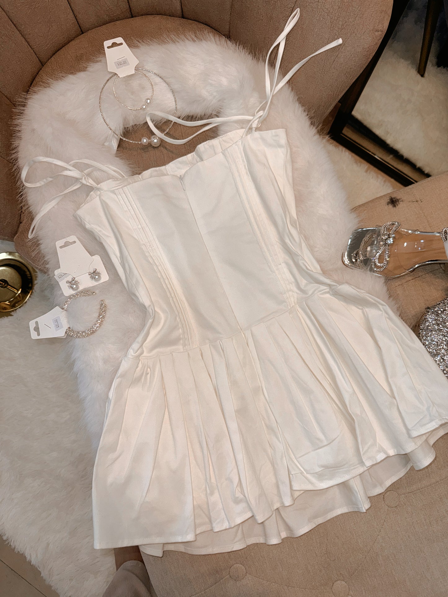White Hook Pleated Mini Dress