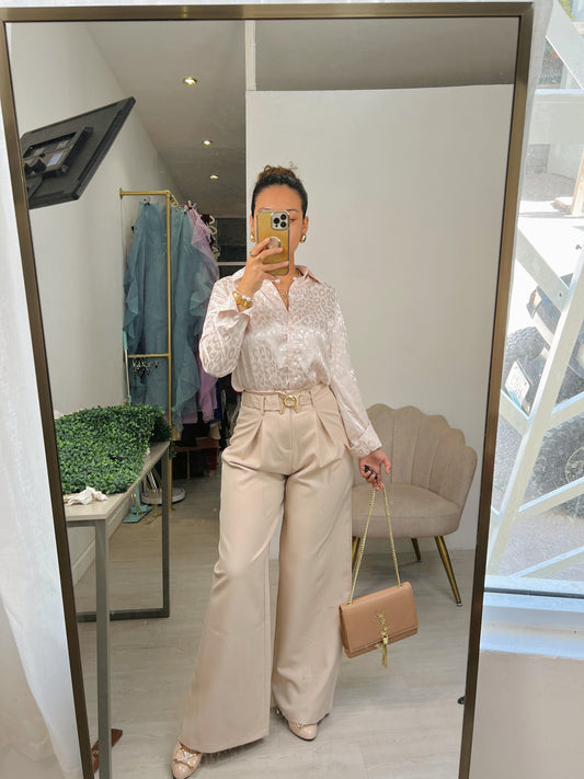 Nude Belted Wide Leg Trousers