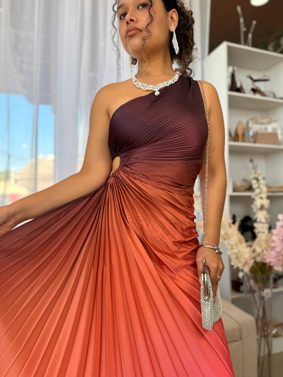 Ombre Pleated Silk Maxi Dress