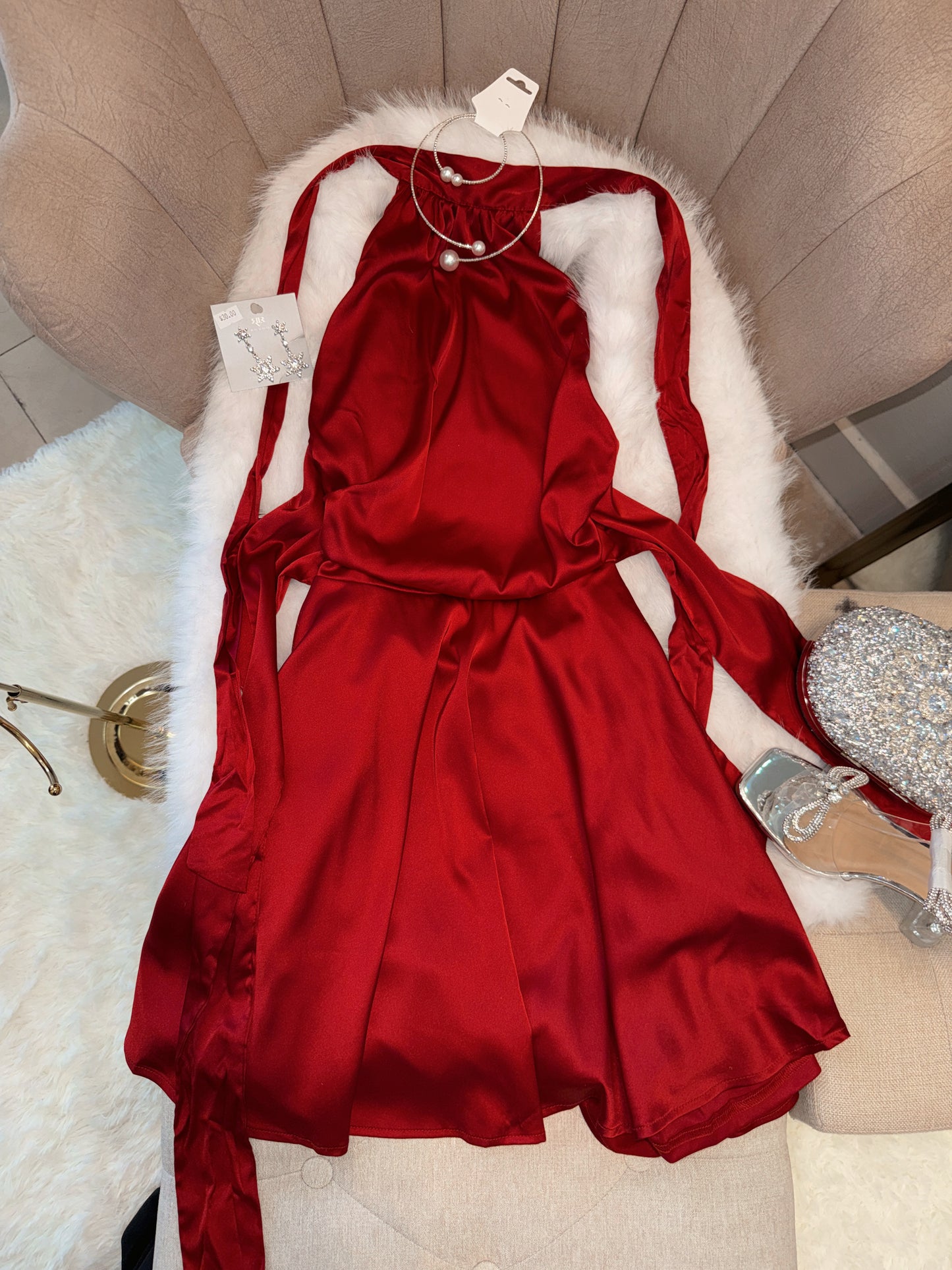 Dark Red Silk Halter A-Line Mini Dress