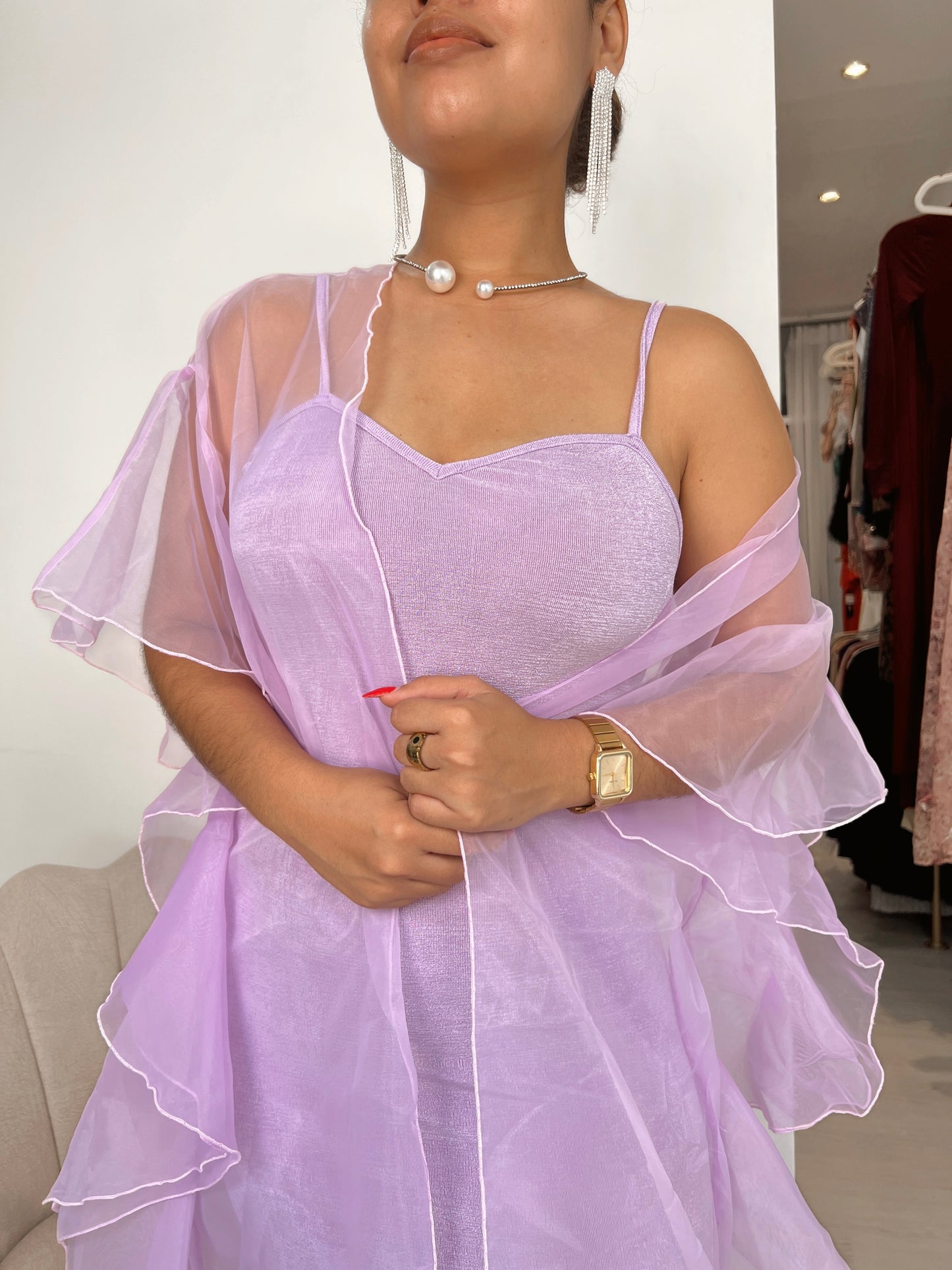 Lilac Shimmery Cami Dress + Organza Ruffle Cover