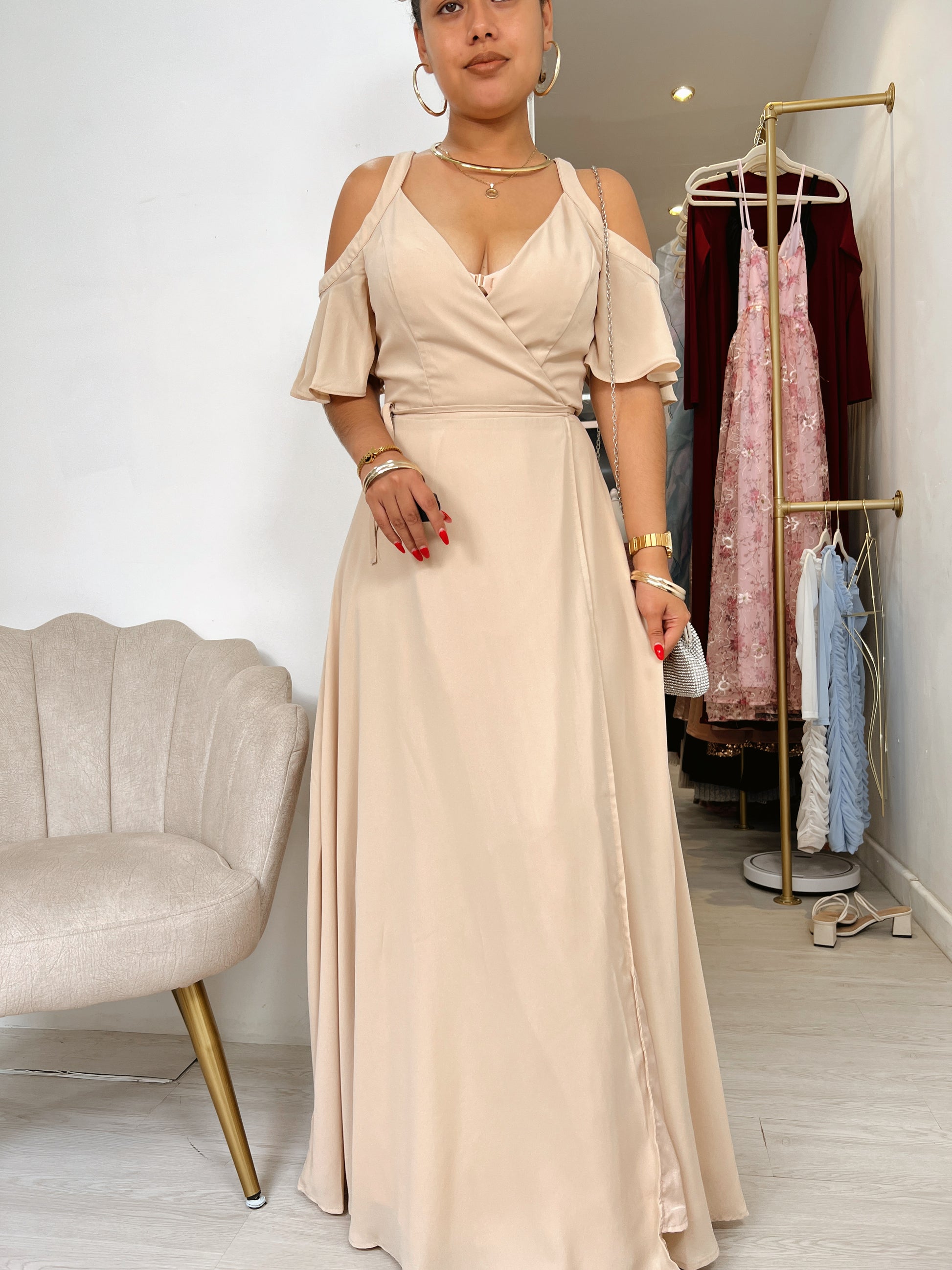 cream wrap maxi dress Glam Cream Dress - Maxi Dress - Wrap Dress - Long Sleeve Dress