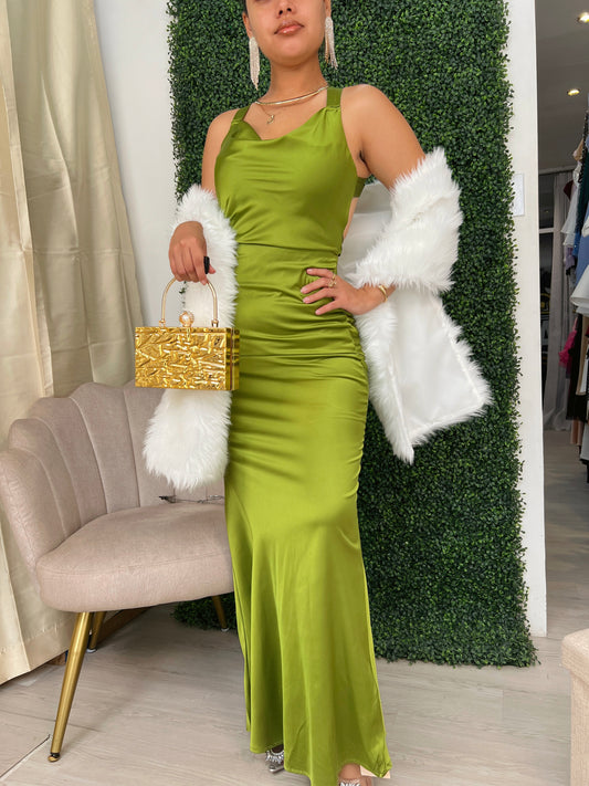 Lime Satin Tie Back Maxi Drss