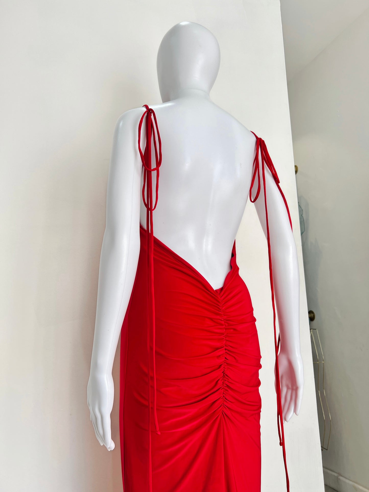 Dark Red Low Back Tie Straps Maxi Dress
