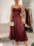 Wine Bustier Boned A-Line Midi