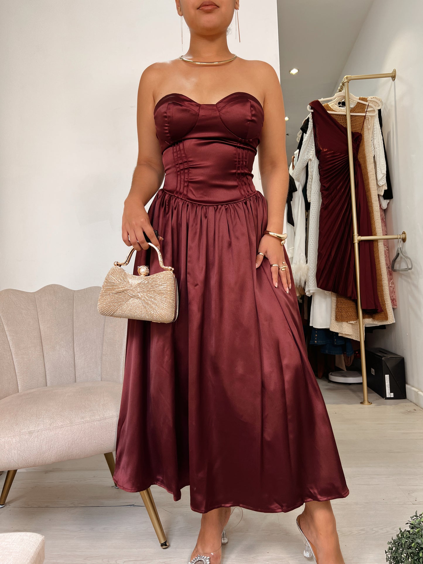 Wine Bustier Boned A-Line Midi