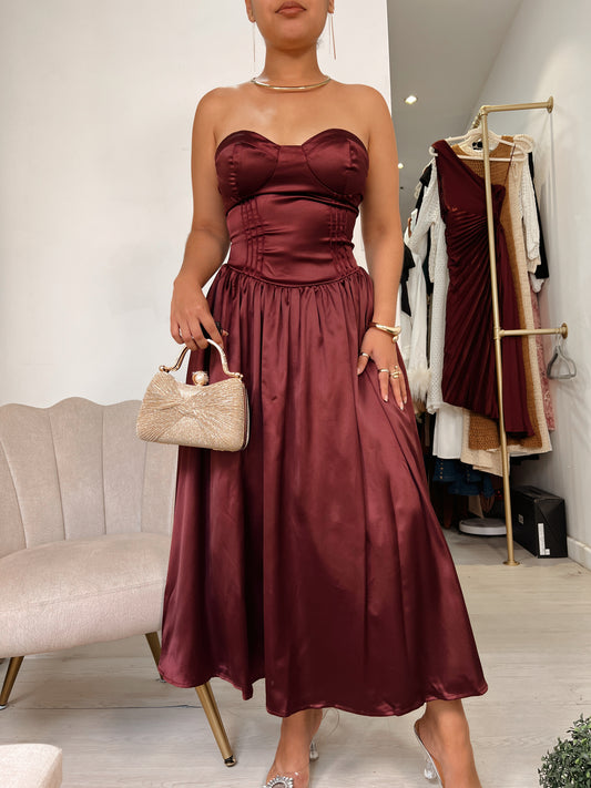 Wine Bustier Boned A-Line Midi