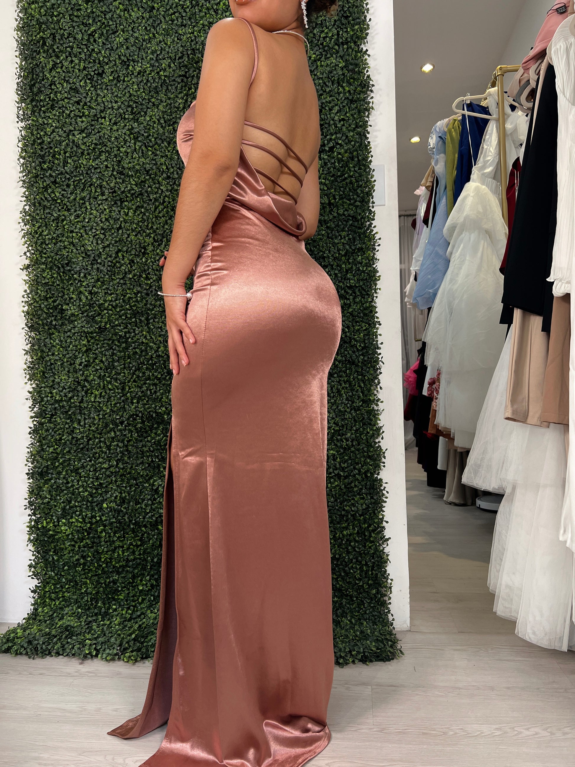 Rose Gold Metallic Satin Maxi Dress STYLE US Rose Gold Metallic Satin Maxi Dress STYLE US