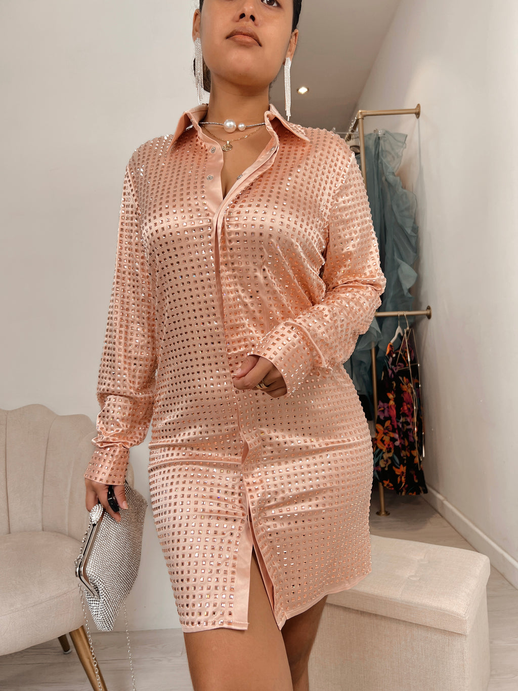 Rose Pink Embellished Luxe Button Dress