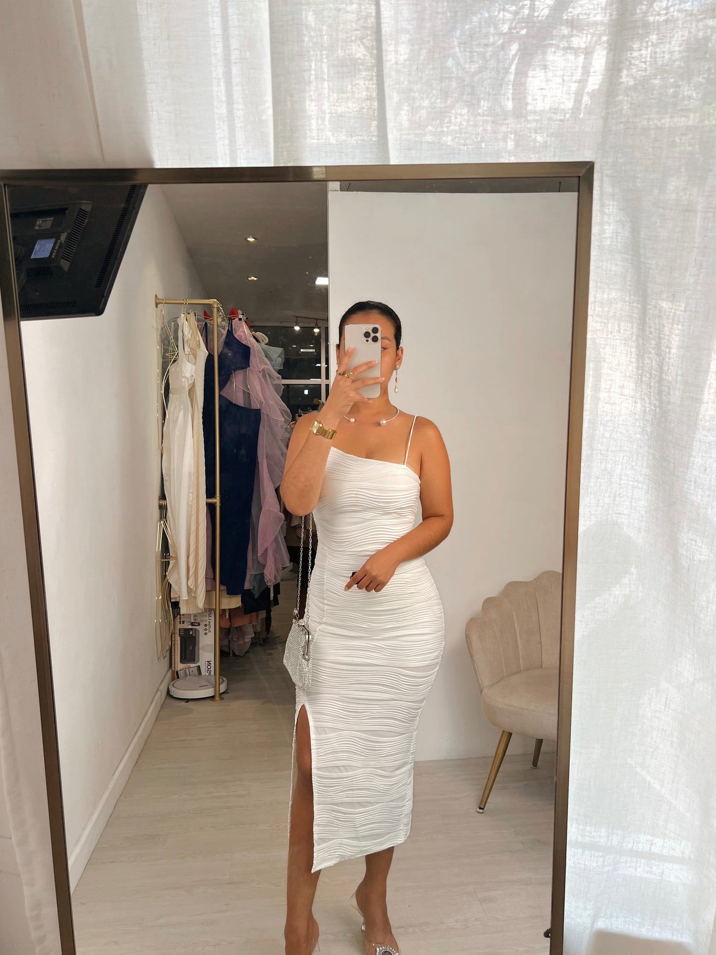 White Textured Design One Strap Midi Dress