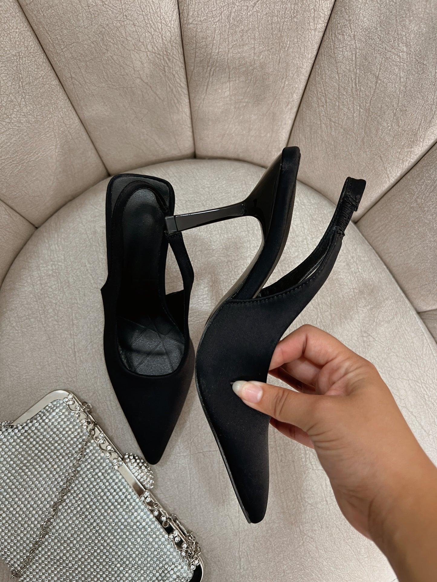 Black Satin Sling Back Pumps