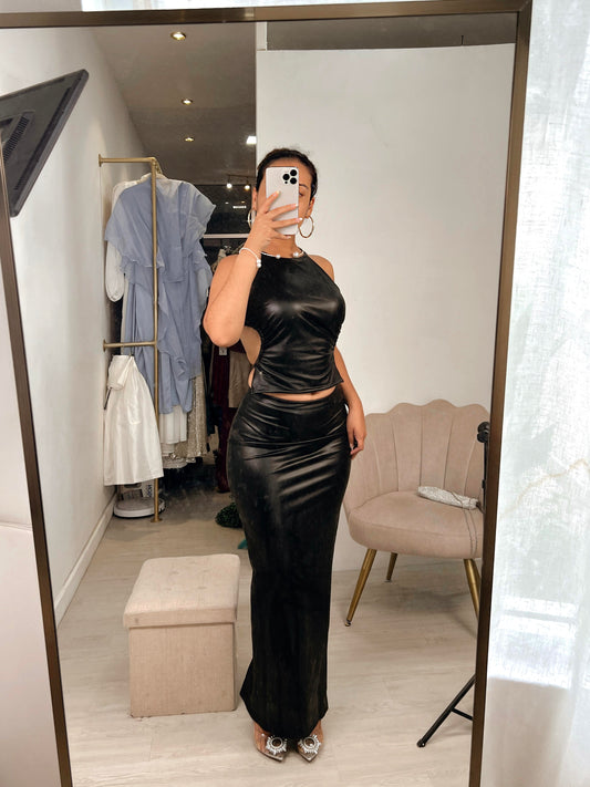 Black Leather Maxi Skirt Set