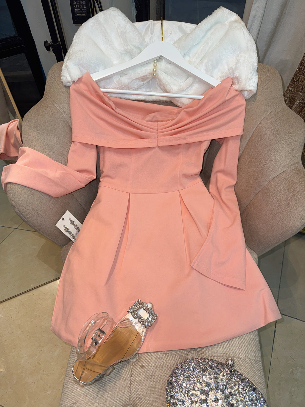 Pink Sleeved Bardot Dress