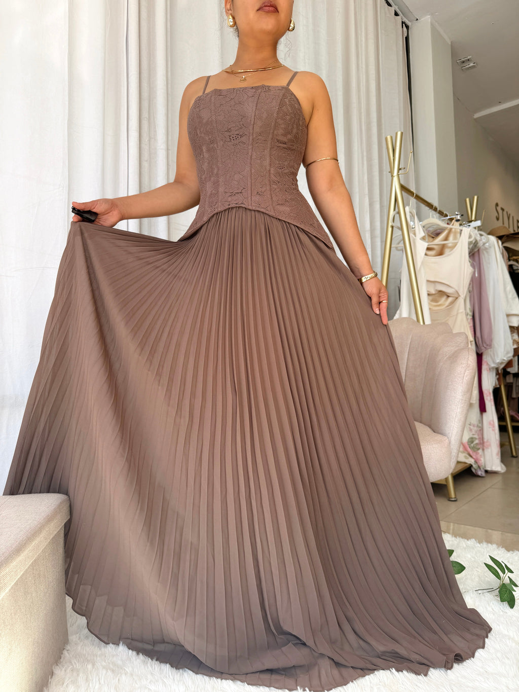 Mocha Brown Corset Pleated Victorian Gown