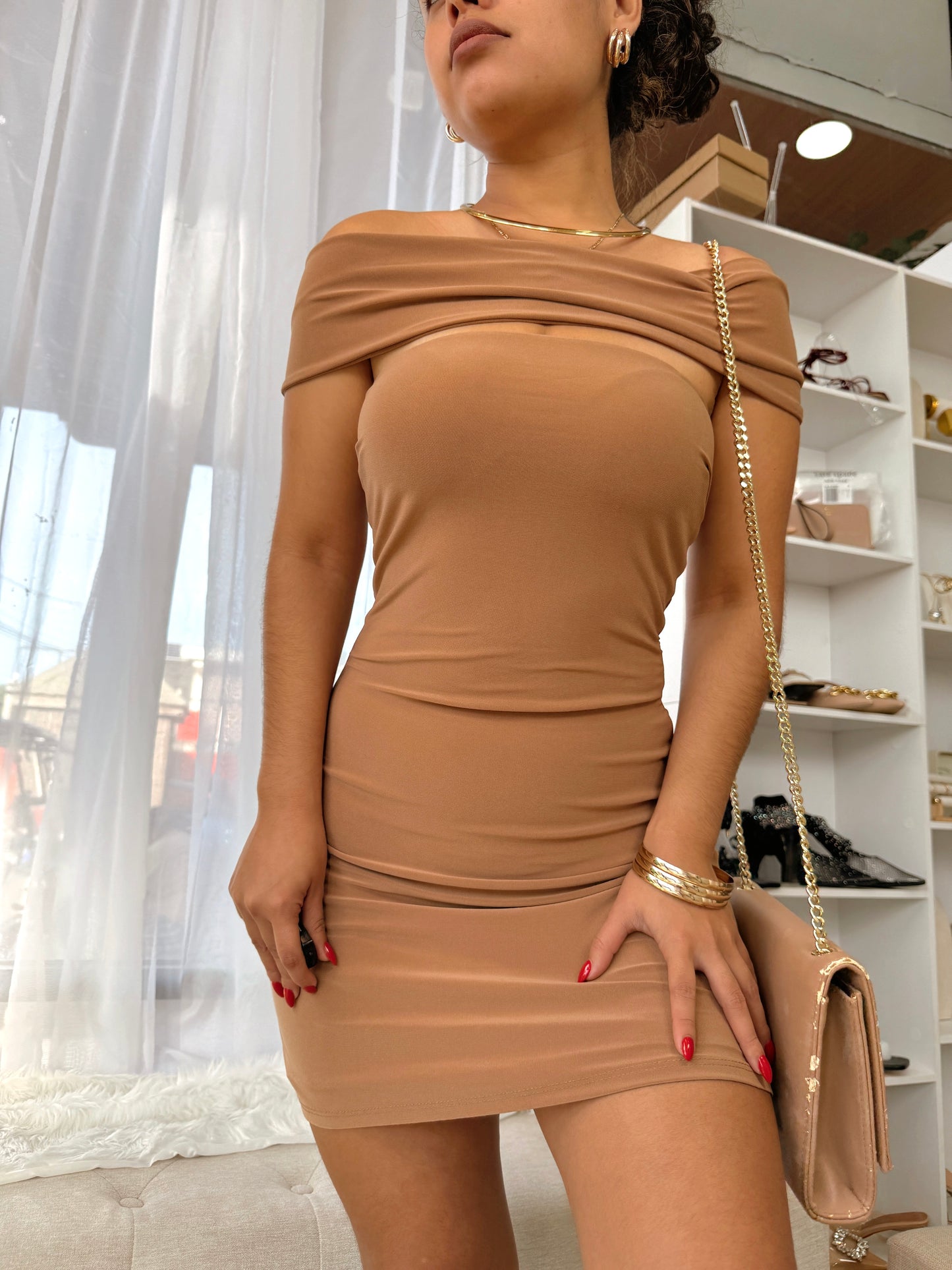 Tan Bardot Mini Dress