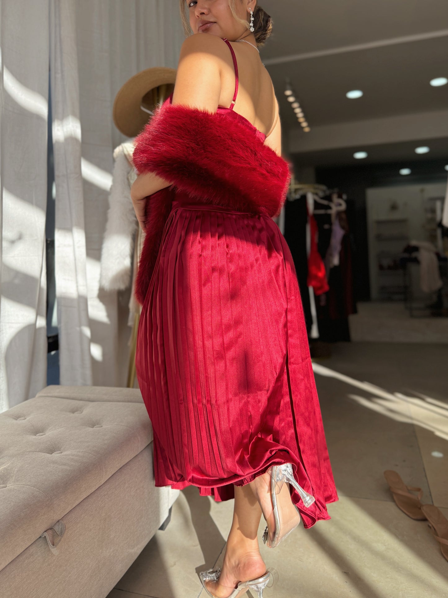 Burgundy Bustier Pleated Midi Dress