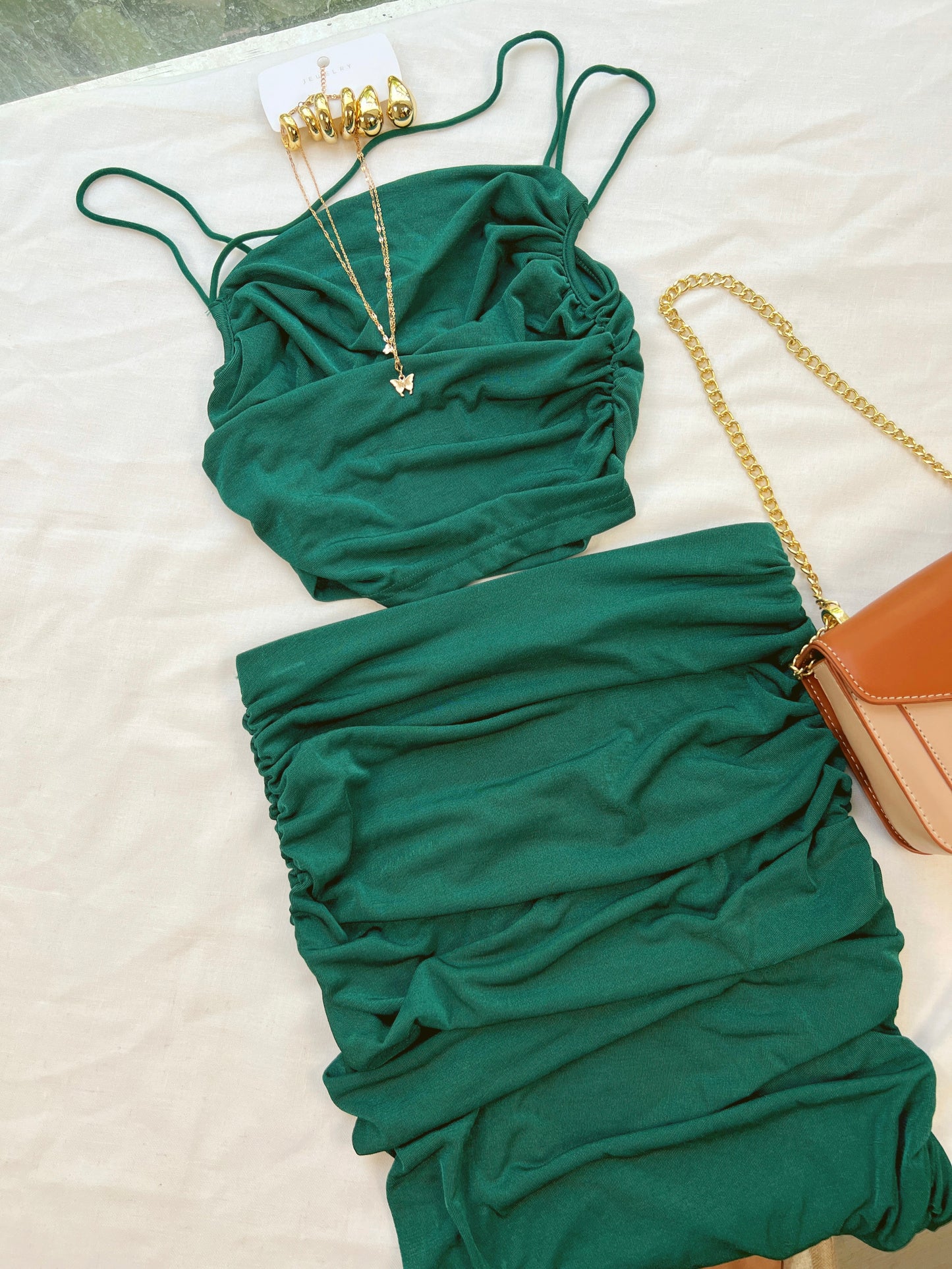 Green Metallic Maxi Skirt Set