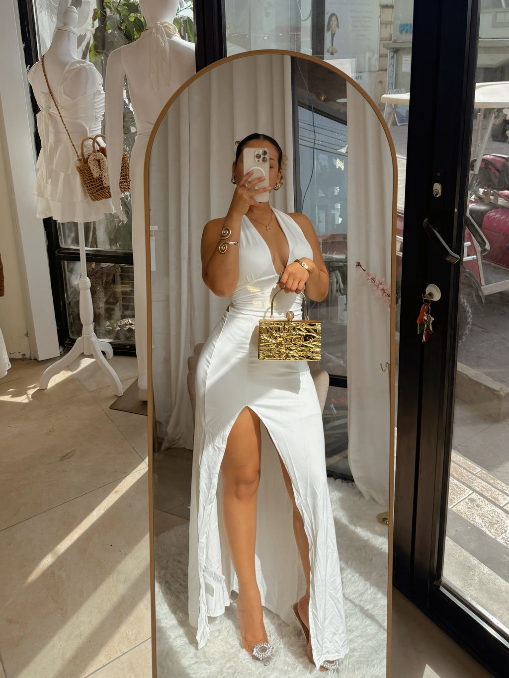 White Halter Tie Back Dress