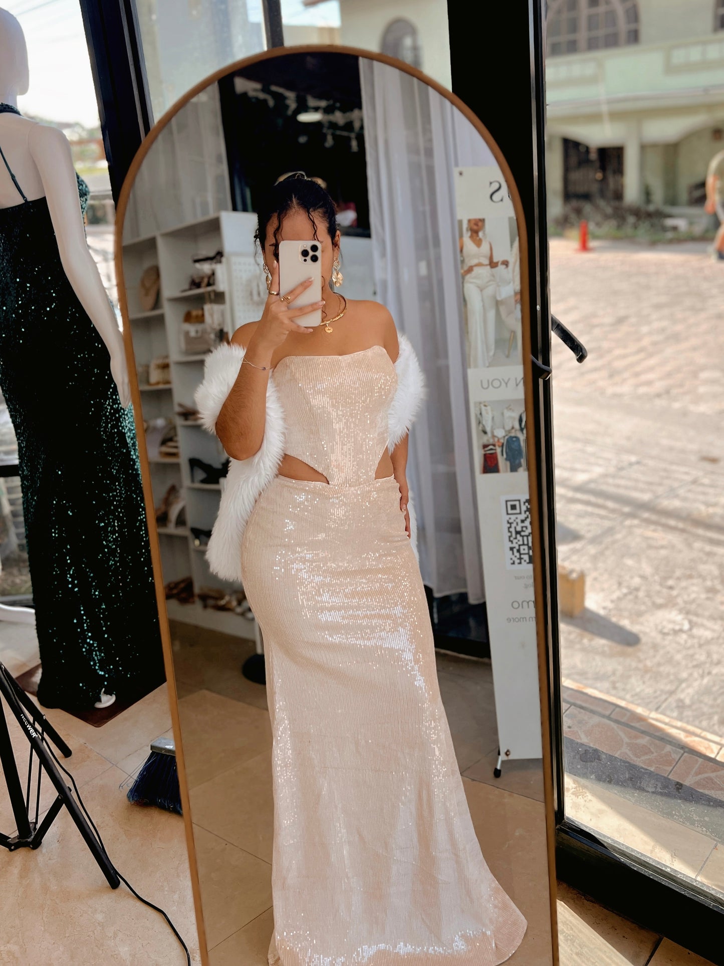 Cream Corset Sequin Velvet Gala Dress