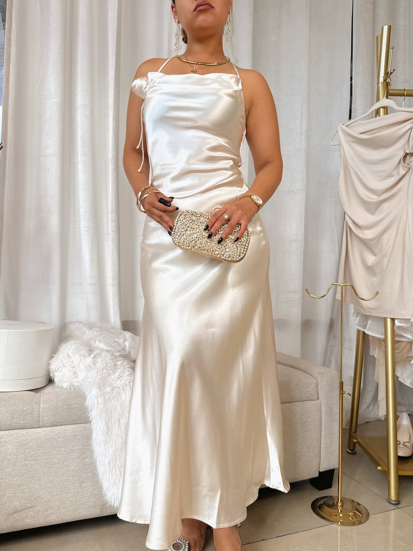 Ivory Champagne Satin Metallic A- Line Midi Dress