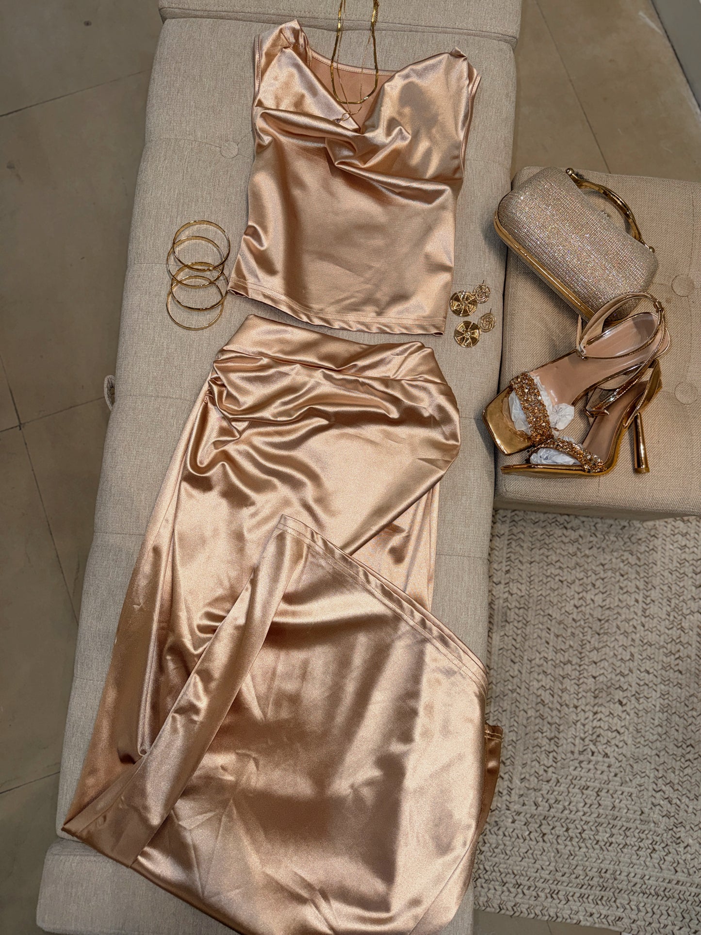 Champagne Gold Satin Maxi Skirt Set