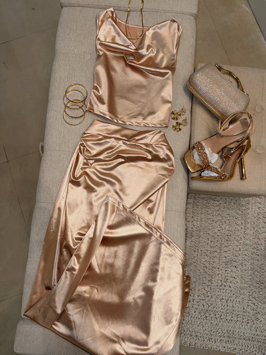 Champagne Gold Satin Maxi Skirt Set