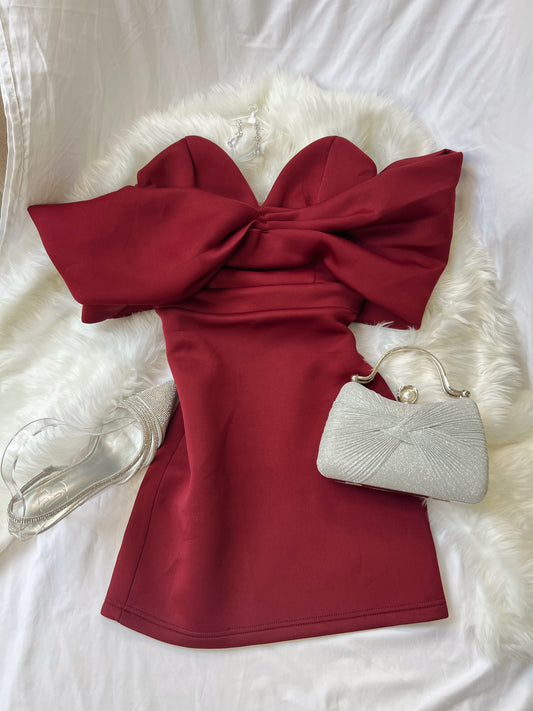 Maroon Bardot off Sleeve Dress