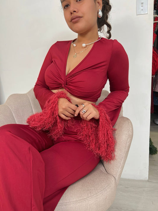 Burgundy Fuzzy Sleeved Pants Set
