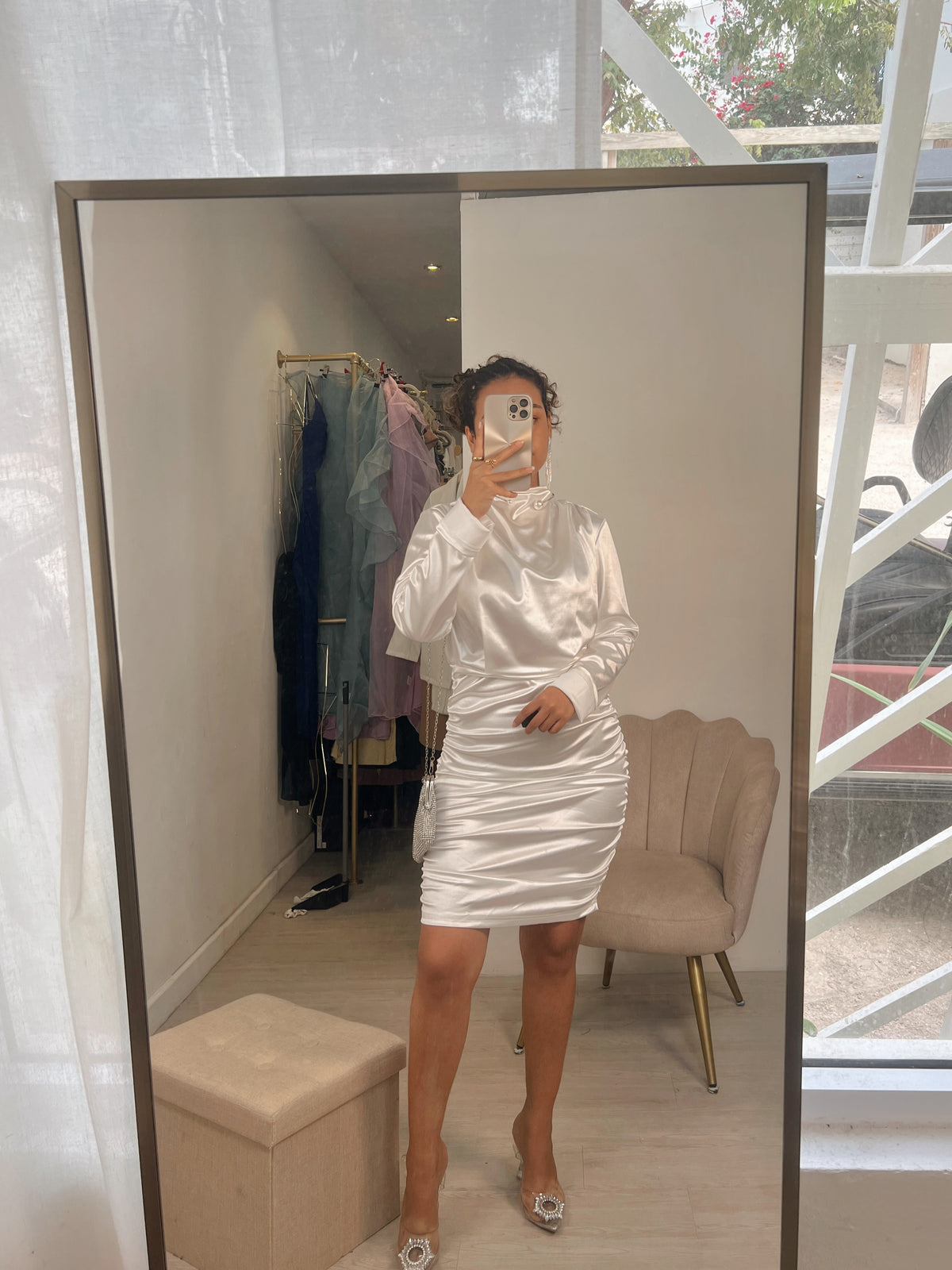 White Satin Sleeved Ruched Midi Dress