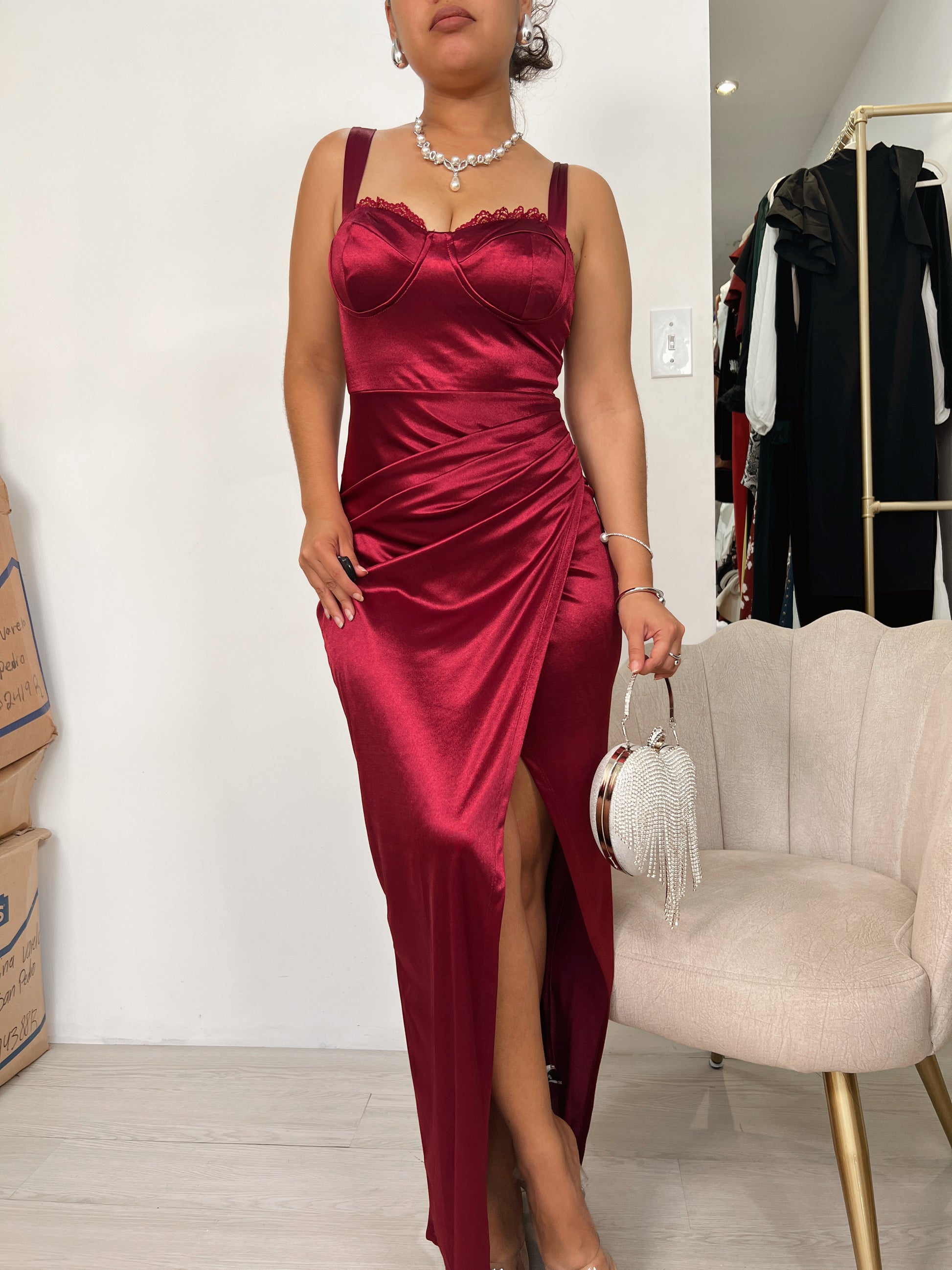 Burgundy Satin Bustier Split Maxi Dress STYLE US Burgundy Satin Bustier Split Maxi Dress STYLE US
