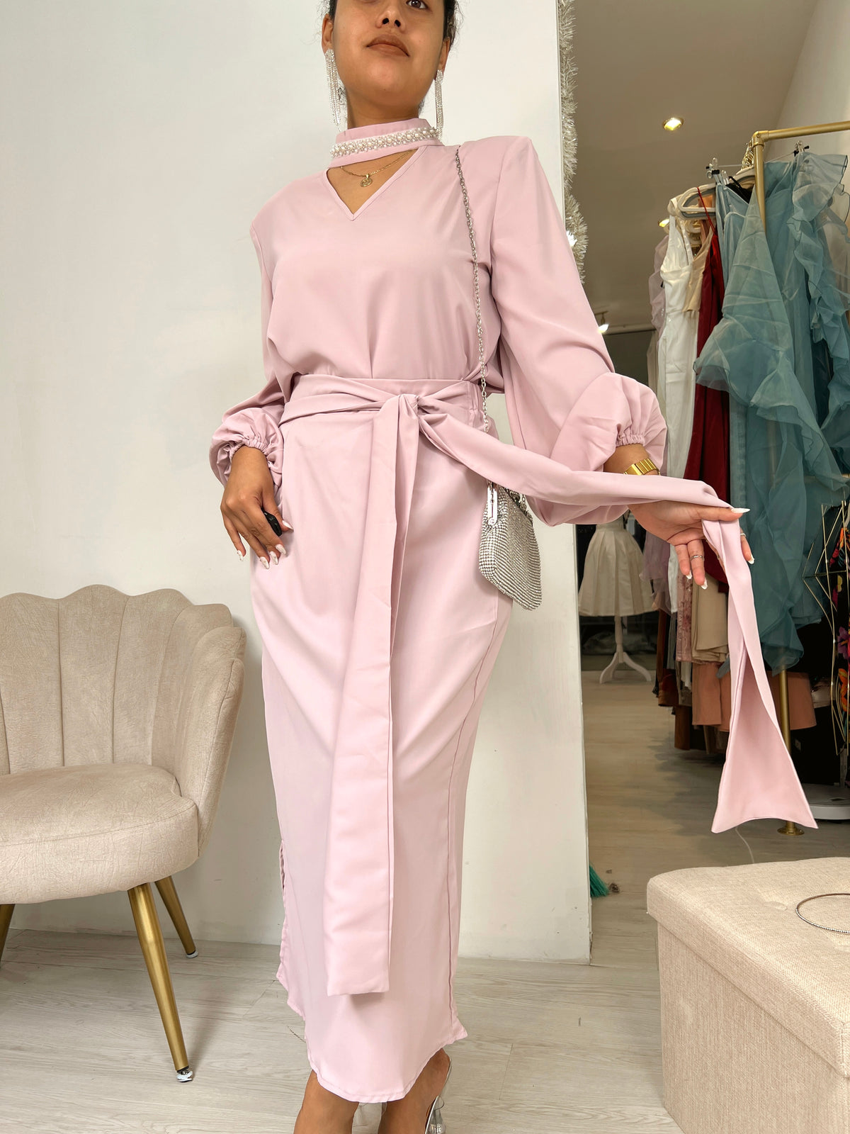 2pc Dusty Pink Modest Tie Waist Skirt Set