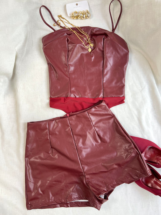 Burgundy Leather Bodysuit + Shorts Set