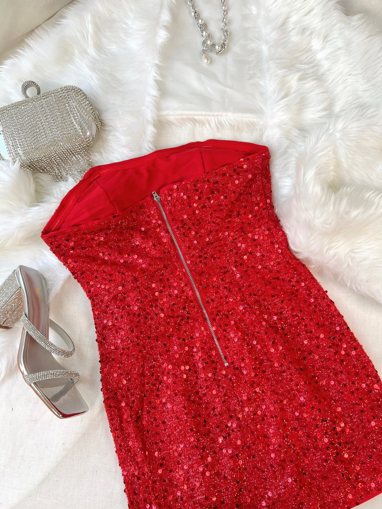 Red Sequins Tube Mini Dress