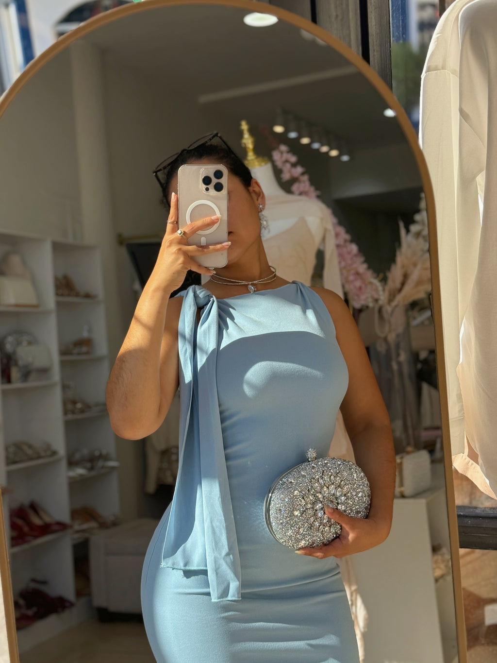 Baby Blue Tie Shoulder Maxi dress material stretches