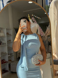 Baby Blue Tie Shoulder Maxi dress material stretches