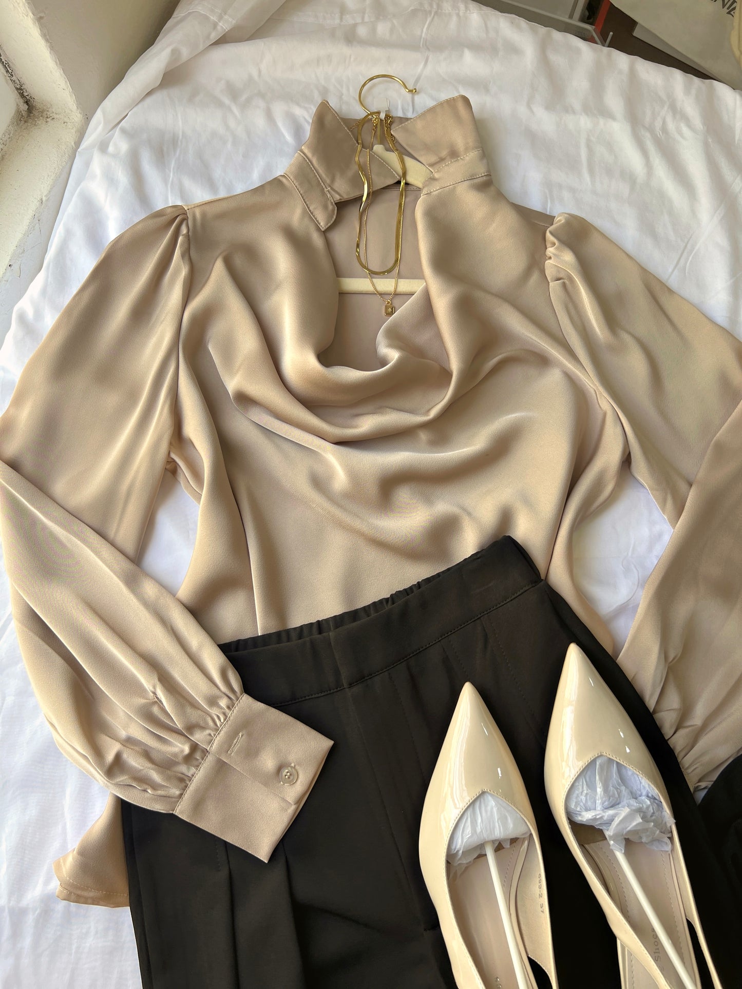 Champagne Silk Cowl Blouse