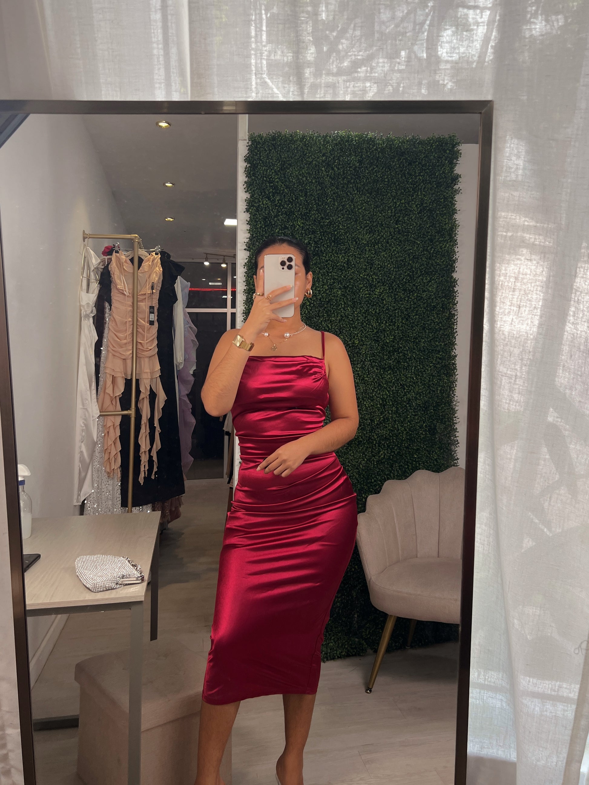 Burgundy Metallic Cami Midi Dress STYLE US Burgundy Metallic Cami Midi Dress STYLE US