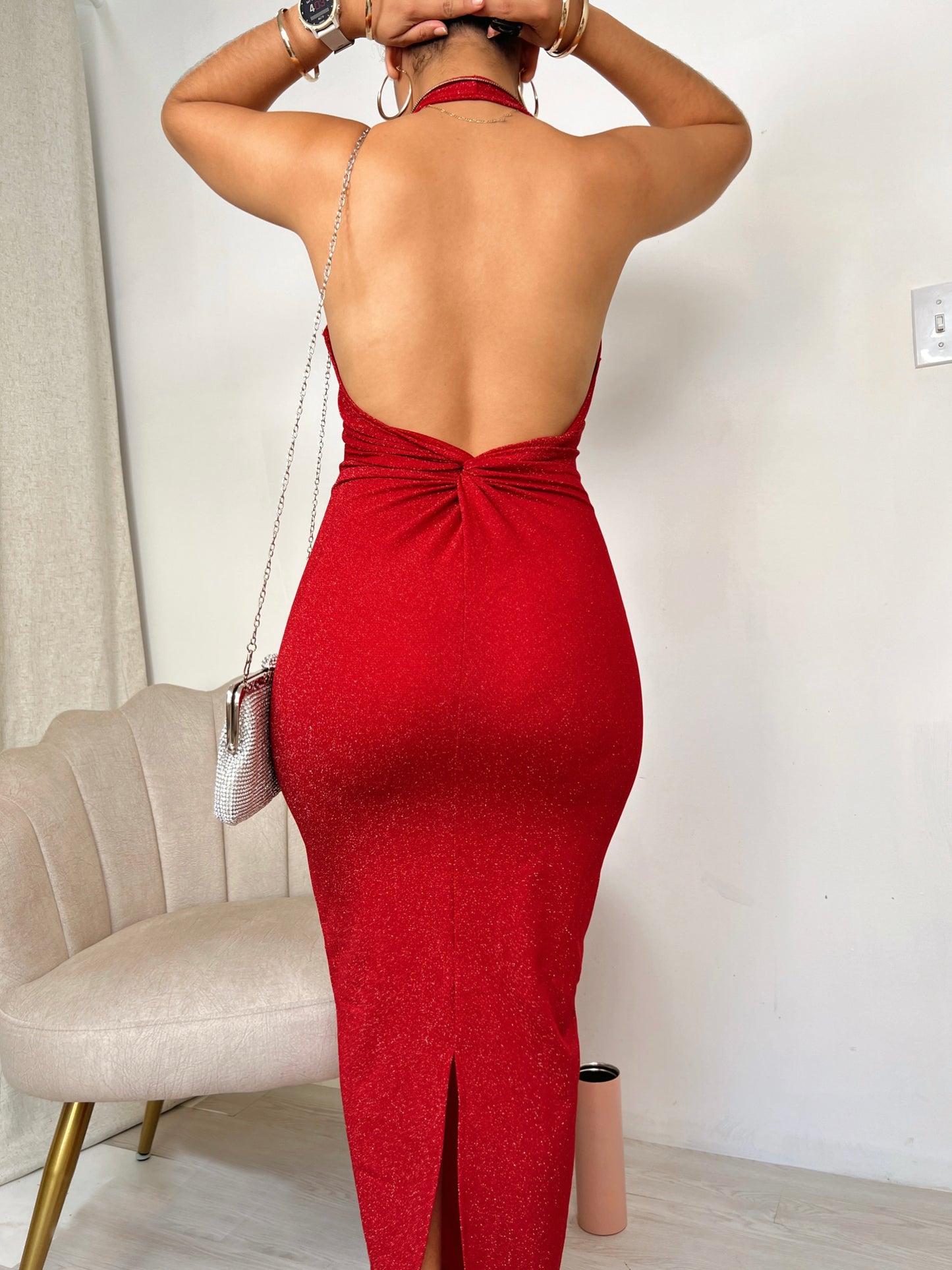 Red Glitter Backless Maxi Dress